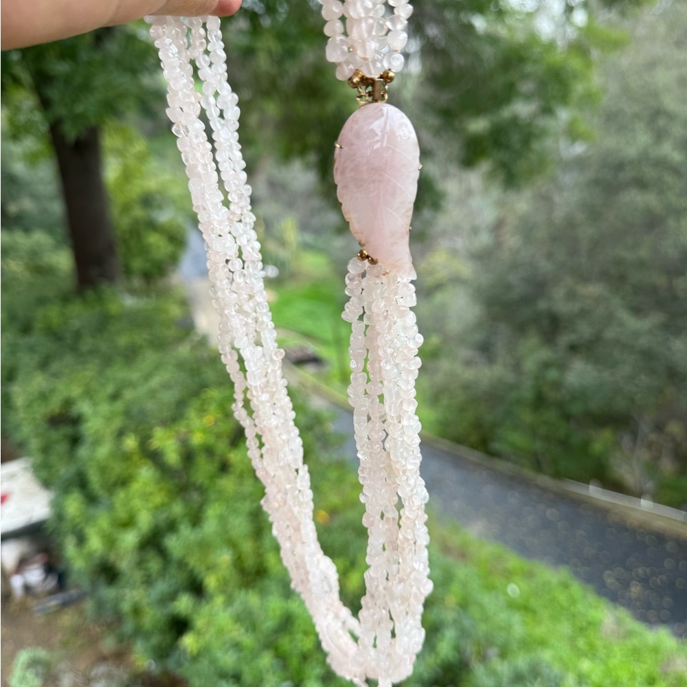 Vintage Tumbled Rose Quartz Chip Bead Multistrand Carved Leaf Clasp Statement
